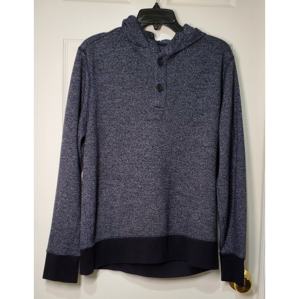 Banana Republic Women’s Hooded Henley Pullover Sweater Size L Blue Textured Knit